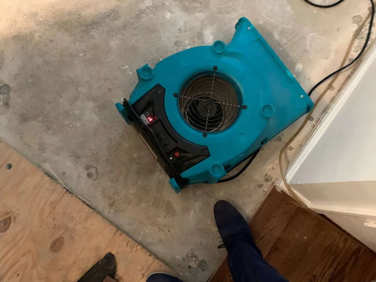 Air mover drying subfloor during Commercial Water Damage Restoration in Myrtle Beach